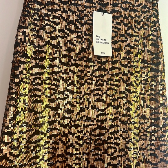 Zara Leopard print fully sequined knit pencil skirt gold black - Picture 3 of 5